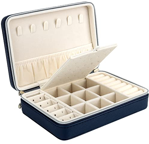 Schmuckkästchen Organizer für Mädchen Frauen, Kleines Kunstleder Reise Schmucketui mit Reißverschlüssen, Schmuck Organizer Aufbewahrung für Ringe Ohrringe Halskette, Jewellery Box, Dunkelblau