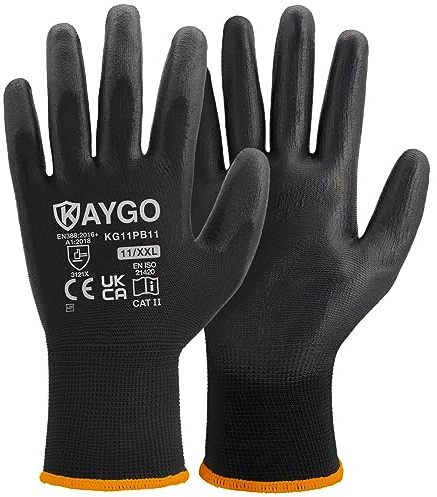 KAYGO 12 pares de guantes de trabajo para hombres y mujeres, guantes de protección recubiertos de PU, agarre antideslizante en palmas y dedos, adecuados para trabajos generales (Negro, talla 11)