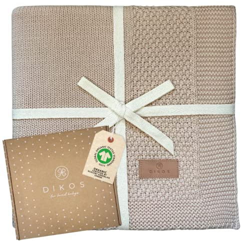 DIKOS® Babydecke *100%* GOTS Bio Baumwolle beige-braun | weiche Neugeborenen Decke Mädchen/Junge ganzjährig | Strickdecke Kuscheldecke Kinderwagendecke | Geschenk zur Geburt | Baby Erstausstattung