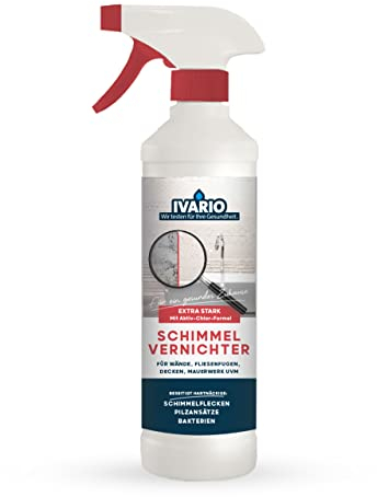 IVARIO Schimmelentferner - Schimmelvernichter - extra stark: mit 1,5% Chlorgehalt - Beseitigt zuverlässig Stockflecken, Pilzansätze & Bakterien - Schimmelspray für Wand, Bad, Silikonfugen uvm.