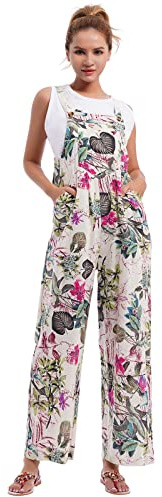 Baggy Overalls For Women Loose Fit Boho Bib Hippie Patchwork Jumpsuit Sleep Romper Suspender Pants Fashion Work Overol Para Mujer White Floral 2XL