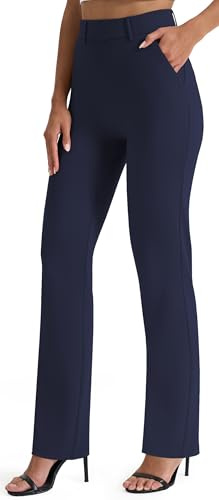 AFITNE Straight Leg Work Trousers for Women UK - Ladies Business Office Casual Bootcut Flared Yoga Pants Pull On Womens Smart Trousers with Pockets - 29 Inches Navy Blue S