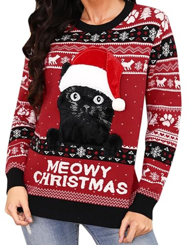Jezonga Pull de Noel Femme Sweater Pull Noël Moche Chaud à Manches Longues Motif imprimé de Noël Pullover Famille Noël Festif Joyeux Christmas Cadeaux de Noël Rouge L