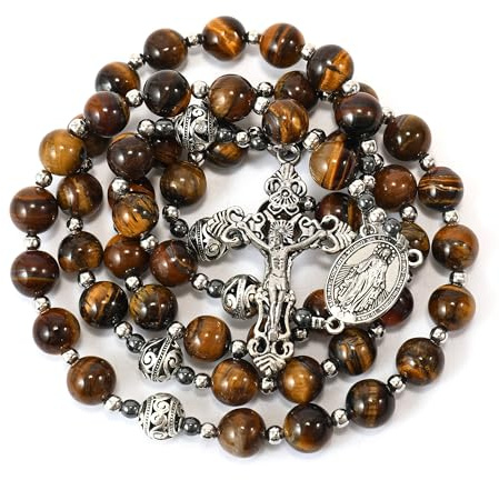 Nazareth Store Brown Tiger Eye Catholic Rosary Stone Beads Necklace with Metal Glory Beads, Miraculous Medal & Silver Cross Crucifix for Men and Women