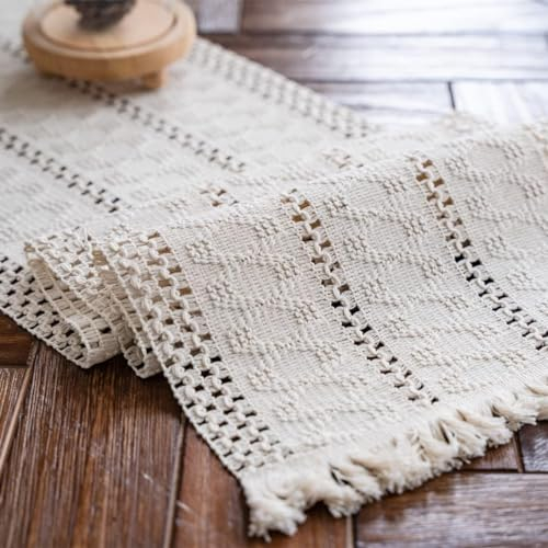 Weldomcor Beige Makramee Tischläufer Boho Baumwollflachs Tischläufer mit Quasten, Rechteckige Häkelspitze Mesh Tischdecke für Küche Vintage Bauernhaus böhmische Hochzeit Tabletop Dekor, 30x120cm