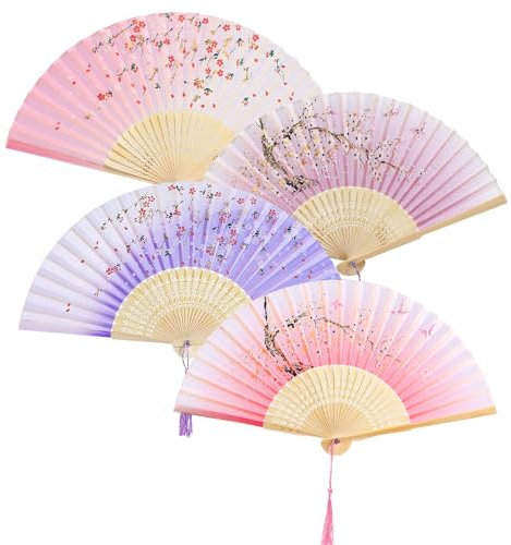 4 Pcs Hand Fan,Fabric Hand Fan Folding,Chines/Spanish Handheld Fan Folding With a Tassel Grade A Bamboo Ribs for Women Girls Dancing Props Summer Party Event Home Decorations Wedding Souvenir Gifts