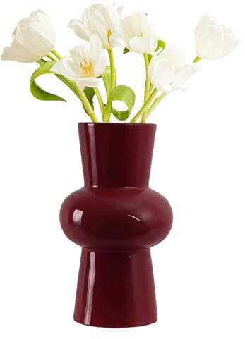 KOOMUAO Glas Blumenvase Modern,20cm Hoch Tulpenvase Glasblasenvase für Blumen,Vase Glas Bubble Vase,Handgeblasen Tisch für Heimdekoration Mittelstücke (Rot)
