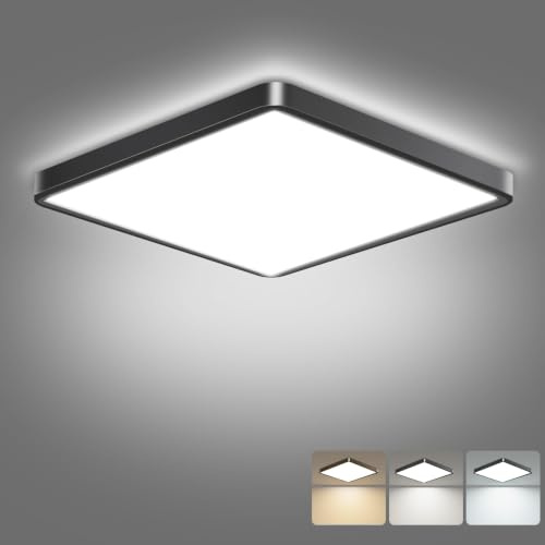 slochi LED Ceiling Light, 3000K/4000K/6500K 3 Color Temperature,Waterproof Bathroom Light, Modern Square LED Ceiling Light for Bedroom, Kitchen, Hallway, Outside Porch and MoreØ22CM(Black)