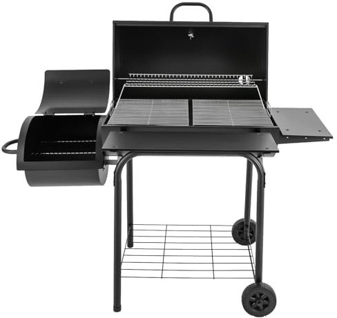 Loobiiny hopfällbar grill campinggrill, kolgrill för utomhusbruk, stående grill med lock grillgaller och termometer, kolgrillvagn