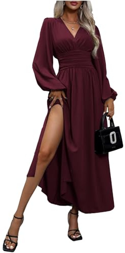 LUVCES Damen Herbst Maxi Kleid V-Ausschnitt Puff Langarm Plissee Hohe Taille Schlitz Elegant Hochzeitsgast Cocktail Langes Kleid Lila rot M