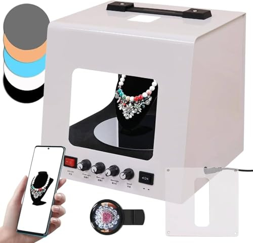 Scatola luminosa per gioielli con piatto girevole automatico a 360°, mini studio fotografico per illuminazione uniforme e fotografia di gioielli