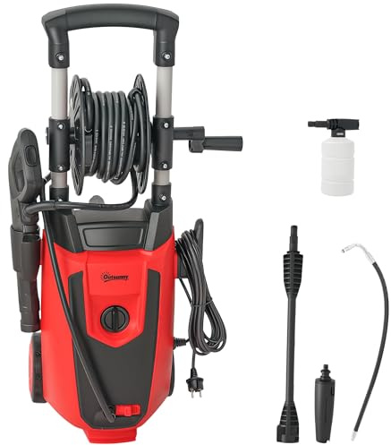 Outsunny Hidrolimpiadora de Alta Presión 1800W, Presión 150 Bar, Caudal 420 L/h, con Bomba de Aluminio, Parada Automática, Manguera de 6 m, Incluye Botella de Espuma y Boquilla Ajustable, Rojo y Negro