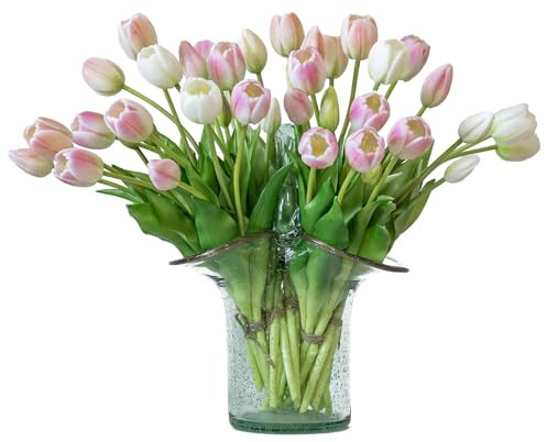 DUYONE Konstgjorda tulpaner, bukett med latexblommor som känns äkta vid beröring, falska tulpaner, dekoration för kontor, bröllopsfest, hem, kök och trädgård, 40 st, persikarosa (B Peach Pink Suit)