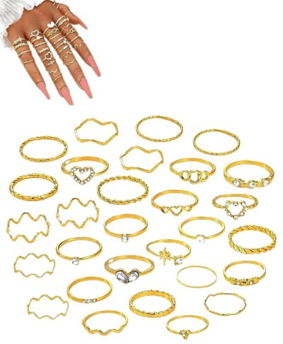 SCJJZ 28 pezzi Set di anelli per nocche in oro vintage per donne, anelli per dita con giunture impilabili Set di anelli per nocche con giunture per pollice per donne Ragazze adolescenti