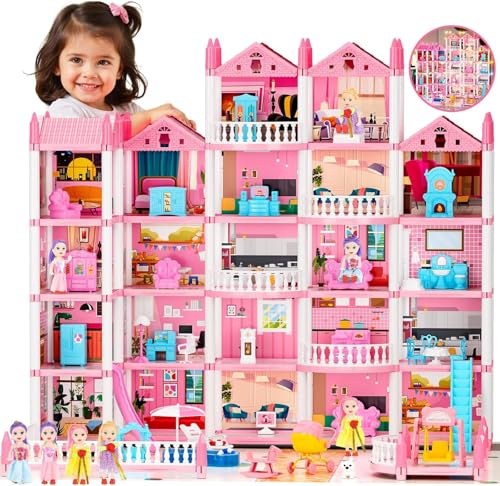 Big Dream Doll House for Girls with 5 Stories 22 Rooms, Dolls, Mat, LED Light, Furnitures, Puppie, Accessories Toddler Dollhouse Gift for 3 4 5 6 7 8 9 10 Year Old Girls Toys