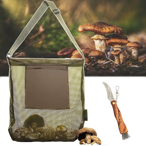 MINGZE Svamp Samla Väska, Svamp Korg Med Andas Mesh, Svamp Kniv Med Borste, Justerbar Svamp Jakt Väska, Föringsväska, Foldbar Förvaring Mesh, Lämplig För Vandring, Grön