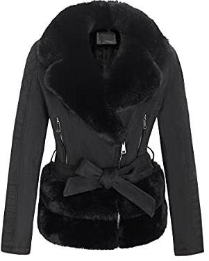 Geschallino Giacca Lunga da Donna in Finta Pelle Scamosciata Parka Foderato in Inverno Caldo Pile con Collo in Pelliccia Staccabile FF206 Nero L