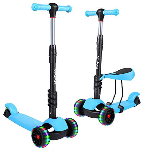 YOLEO Kids Three Wheel Kick Scooter with Removable Seat, LED Flashing Wheels, Height Adjustable, 3-in-1 Lightweight Children's Scooter Boys and Girls from 2 Years of age