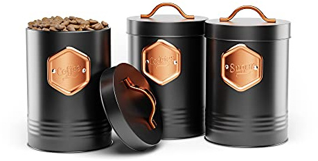Antiope Design®️ ● Lot De 3 Bocaux Rangement Cuisine ● Boite A Cafe ● Pot A Sucre ● Bocal A Cookies ● Boite Conservation Alimentaire ● Couleur Noir Et Cuivre