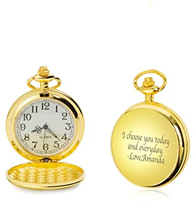 ALBERTBAND Montre de Poche Personnalisée avec Photo Gravure Texte Montre Vintage Classique Montre de Poche Lisse pour Meilleur Homme Marié Cadeau pour Anniversaire Fête des Pères (Or)