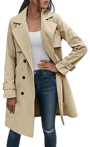 KBOPLEMQ Gabardina para mujer, abrigo largo de doble botonadura, abrigo clásico de entretiempo con cuello de solapa, cortavientos para exterior, cazadora para otoño y primavera, resistente al viento,