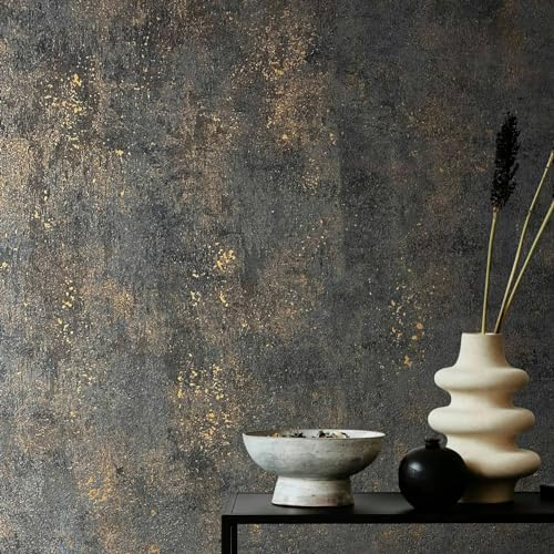 K&L Wall Art Glänzende Vliestapete Vintage schwarz-gold Strukturtapete Wohnzimmer Bilder rapportfreie Luxustapete inkl. Tapezier-Ratgeber