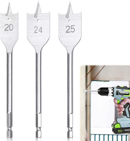 Spade Drill Bits Set, 3 PCS Spade Drill Bits Set Flat Wood Drill Bit 20mm/ 24mm/ 25mm/ Carbon Steel Heavy Duty Hex Shank Paddle Bit Tools for Plywood Plastics Chipboard Cuts