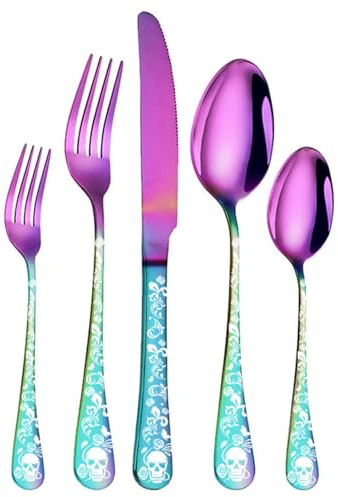 XIAOYU 5 Piece Skull Pattern Silverware Set, Stainless Steel Flatware Set, Gothic Unique Skeleton and Flower Pattern Design, Perfect for Halloween Easter and Christmas, Rainbow