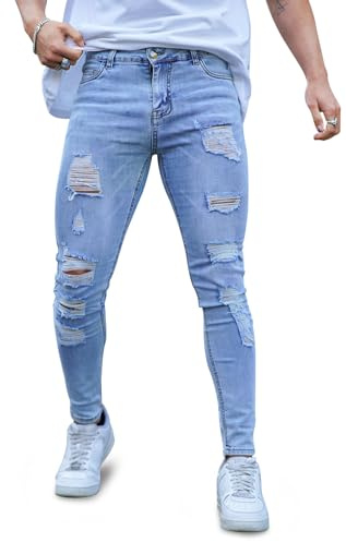 GINGTTO Troué Jean Skinny Homme Ripped Jeans Slim fit Stretch Pantalon Jegging Elastique Denim Tapered Bleu Clair Mode 34