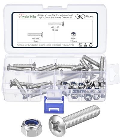 METALLIXITY Phillips Cross Flat Round Head Machine Screw with Nylon Insert Lock Nut Kit (M6-1x30) 40Pcs, Stainless Steel Vibration Resistance Fasteners - for Woodworking, Auto, Silver