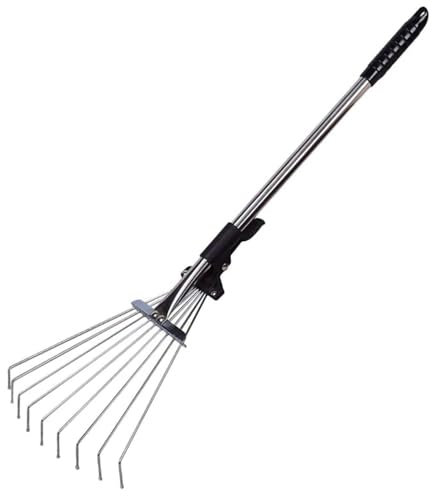 Dunnet Tools Râteau à gazon télescopique pour pelouse 70 cm-160 cm Râteau de jardin en métal robuste 15 dents entièrement réglable Outils de jardinage Parfait pour nettoyer les feuilles d'herbe mousse