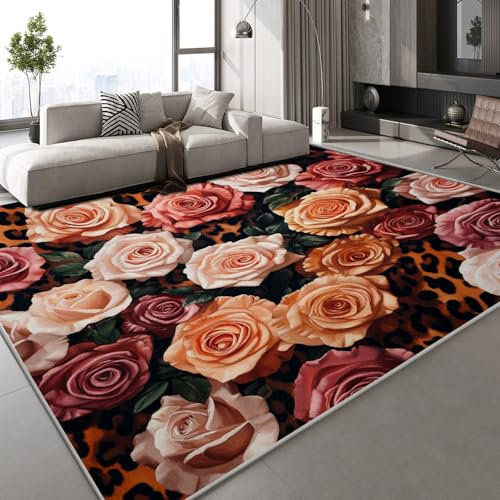 Teppich Kurzflor Kaschmirimitat Weich Strapazierfähig 120x160 cm Rose 3D Muster Anlage Druck Teppich rutschfeste Unterseite Geeignet für Bäder Küchen Eingangsbereiche