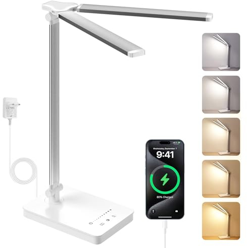 JVURICE Schreibtischlampe LED 15W Dimmbar mit Augenschutz, 5 Farben und 10 Helligkeitsstufen, mit Adapter Ladefunktion Timer-Funktion, Memory Lesemodus Tischlampe für Kinder Schlafzimmer Büro (Weiß)