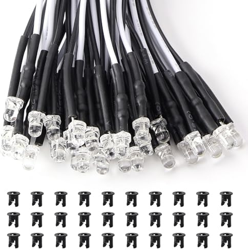 Lyeteung 30 ST 3mm 12V Förtrådda LED Dioder Ljus, Vit, 20cm Förtrådda LED Lysdioder + 30 ST 3mm Plast Diod Hållare