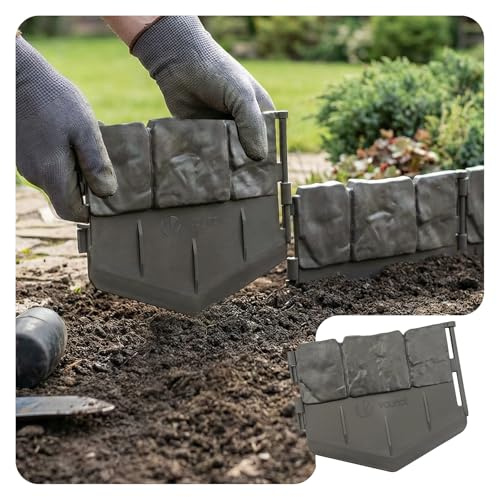 VOUNOT® Bordura per Aiuola Effetto Pietra 5,35m in Plastica Ultra Resistente, Senza Scavo, Bordo Giardino Decorativa Facile da Installare, per Vialetti, Aiuole e Prati, Set da 35 Pezzi, Grigio