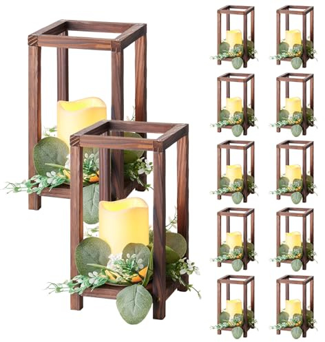 VEVOR Lanterne de Mariage en Bois, Lot de 12, Lanterne Décorative avec Bougies LED sans Flamme, Couronnes de Fleurs Artificielles, pour Centre de Table de Mariage, Fête, Décoration Intérieur, Marron