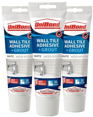 UniBond Anti-Mould 2 in 1 Wall Tile Adhesive & Grout, Waterproof & Durable Formula for Easy Tiling & Sealing, Strong Bond & Long-Lasting Finish, White 300g, 3 Pack