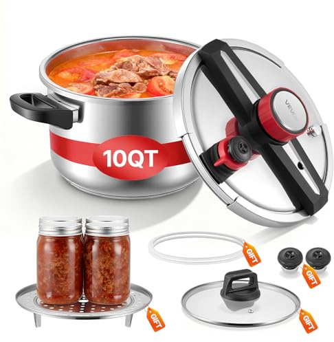 VEVOR Pentola a Pressione da 8,7 Litri in Acciaio Inossidabile, con Griglia per la Cottura a Vapore, Coperchio in Vetro Temperato, Tre Impostazioni di Pressione per Carne, Fagioli, Riso, Zuppa