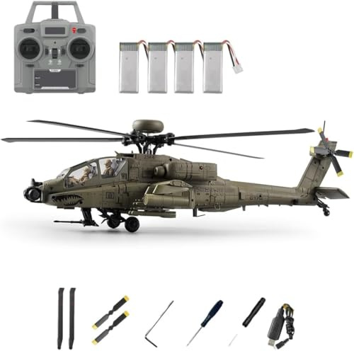 C170 AH-64D RC Hubschrauber im Maßstab 1:48 mit Ein-Tasten-Rückwärtsflug, 6-Kanal Flybarless Brushless RC Helikopter mit optischem Fluss und TOF-Höhenhaltung für Modellbauer - Armeegrün / 4 Batterie