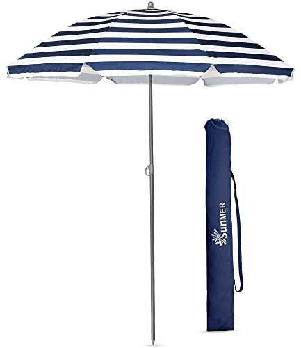 SUNMER 1.8M Beach Umbrella - Tilting Portable Beach Parasol with UV Protection & Fade Resistant Fabric, Lightweight Two Piece Steel Pole - Professional Garden & Travel Sun Shade - Blue & White