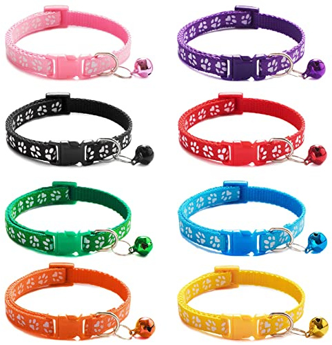 8 st valphalsband justerbar valp ID-krage små valpkragar valpar breakaway hundhalsband färgglad multipack kattkragar reflekterande kattunge krage tass tryck krage med klocka för liten hund