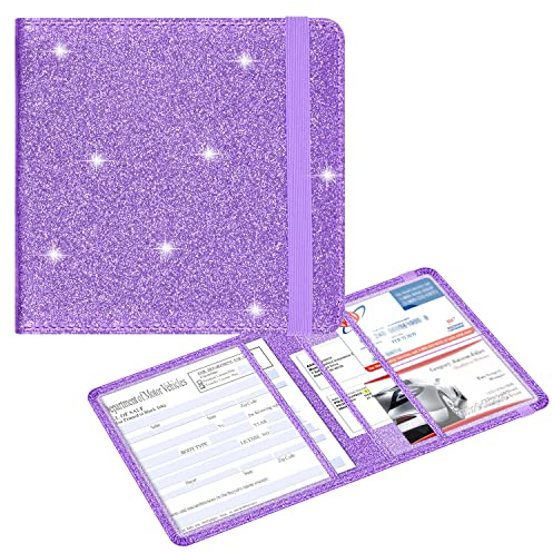 Wisdompro Étui pour Carte Grise et Carte d'assurance en Similicuir à Paillettes pour Documents, Carte d'identité, permis de Conduire, Cartes d'informations essentielles, Violet Brillant