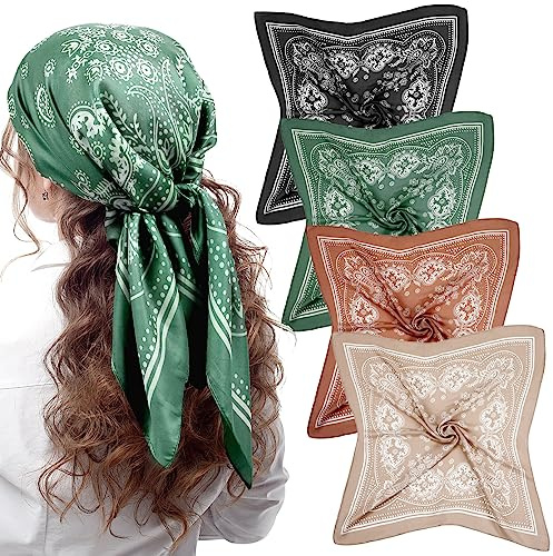 Syhood 4 Pcs 27'' Square Silk Bandana Satin Head Scarves for Women Silk Like Neck Scarf Durag Hair Wrap for Sleeping Headwear(Green, Black, Brown, Camel)
