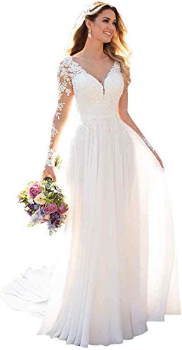 WYDYSLA Abito da Sposa Ufficio Civile Lungo Pizzo Spiaggia A-Line Manica Lunga, Bianco, 54