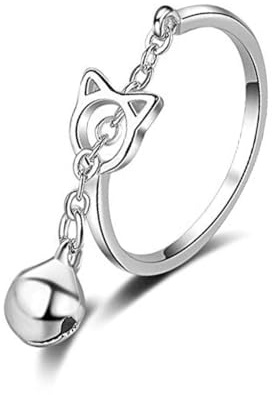 LUTAKU Anelli aperti in argento 925 con gatto con campanella, per donne e ragazze, misura regolabile, anello in argento con gattino, regalo di compleanno delicato, Metallo