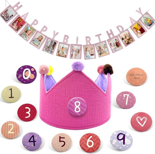 Felicify Geburtstagskrone Mädchen, Geburtstagskrone Kinder mit 0-9 Auswechselbaren den Zahlen, Krone Geburtstag Mädchen, Geburtstag Krone Musselin, mit Fotogirlande zum Geburtstag Happy Birthday