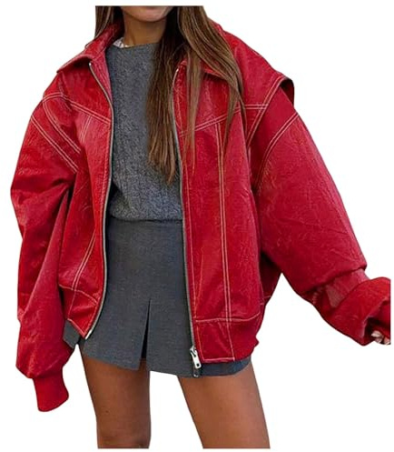 Veste Cuir Femme à Revers, Manteau Zippé-Blouson Moto Femme Manches Longues De Couleur Unie DéContractées Mode Vestes Automne Et Hiver D'ExtéRieur Coupe Ample Chic Et Elegant Pas Cher Manteaux