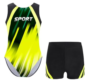 HULIJA Jungen Gymanstikanzug Ärmellos Ballett Trikot mit Kurze Shorts Set Gymnastik Leotard Kurz Hose Turnanzug Ballettbody Wettbewerb Fluoreszierendes Gelb 134-140