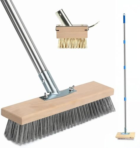 Drahtbesen mit Stiel, 160cm Moos-Unkrautentferner Stahlbesen, 2 Stück Metalldraht-Bürstenköpfe mit Schaber, Robuster Drahtbesen Bürste 30cm für Moos, Garten, Terrasse, Deck (2 Stück)