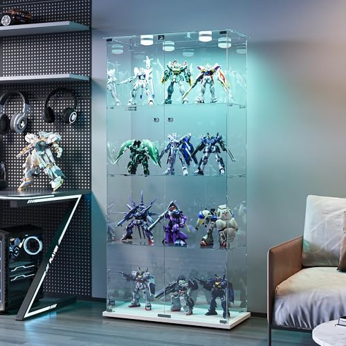 Glasvitrine Standvitrine,Glasvitrine Stehend mit Led,4 Lagen Glas Holz Glas Vitrine Vitrinenschrank 2 TüR und Schloss Vitrine Glasschrank Display Cabinet Sammlervitrine (Weiß, 4 Etagen 2 Tür+LED-1)